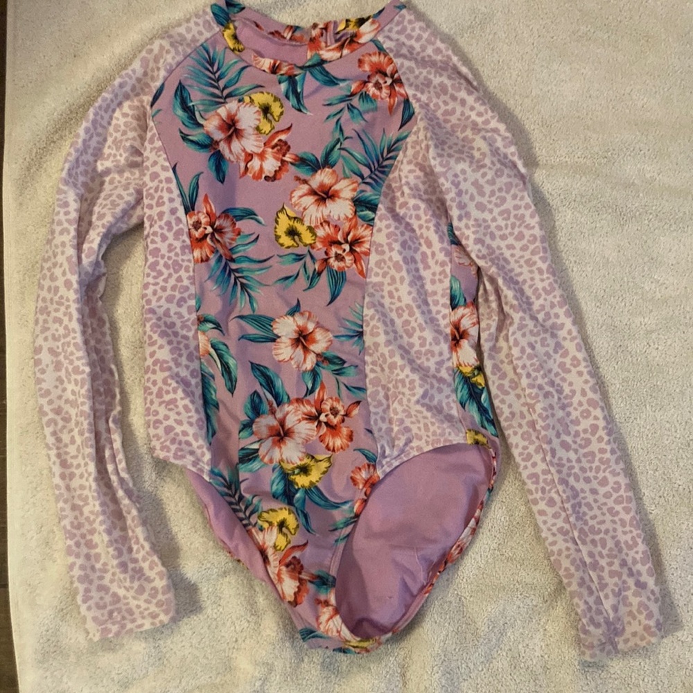 Pink swimsuit flower purple blue swimmer zipper long sleeve art class 14/16 kids